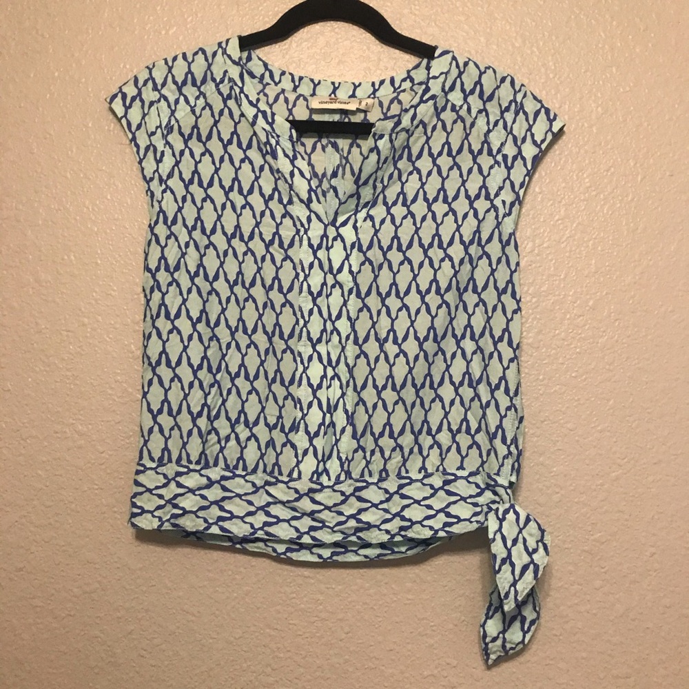 Vineyard Vines Blue Lattice Print Side Tie Blouse
